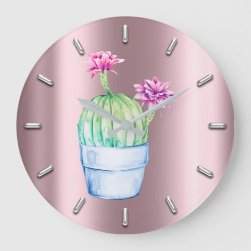 Cactus Floral Pink Metal Rose Watercolor Gray Large Clock