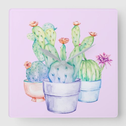 Cactus Floral Pink Mint Blue Watercolor Lavender Square Wall Clock
