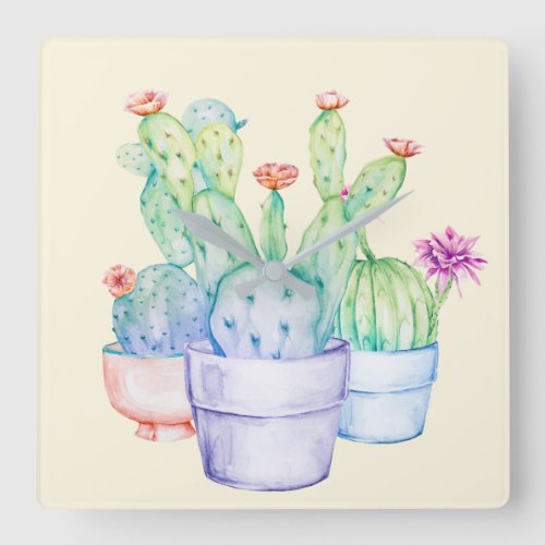 Cactus Floral Pink Mint Yellow Watercolor Lavender Square Wall Clock