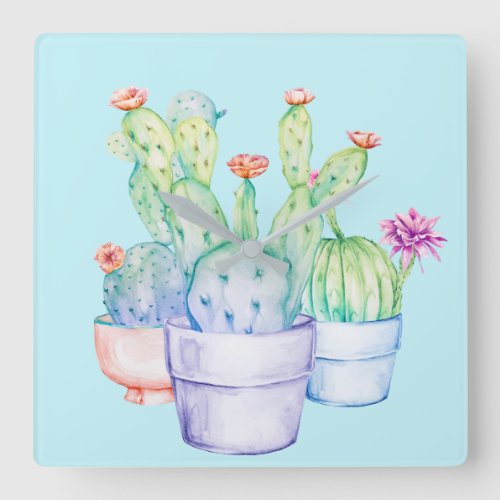 Cactus Floral Pink Tropic Watercolor  Blue Square Wall Clock