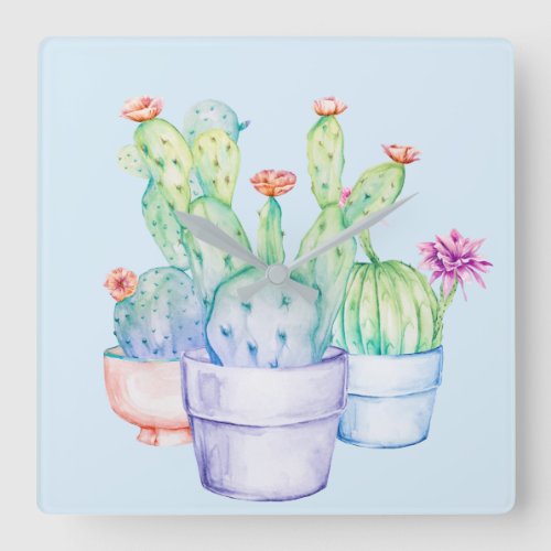 Cactus Floral Pink Tropic Watercolor Coral Blue Square Wall Clock