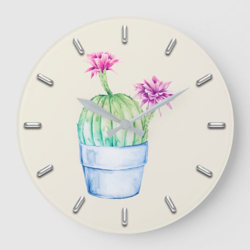 Cactus Floral Pink Tropic Watercolor Pastel Ivory Large Clock