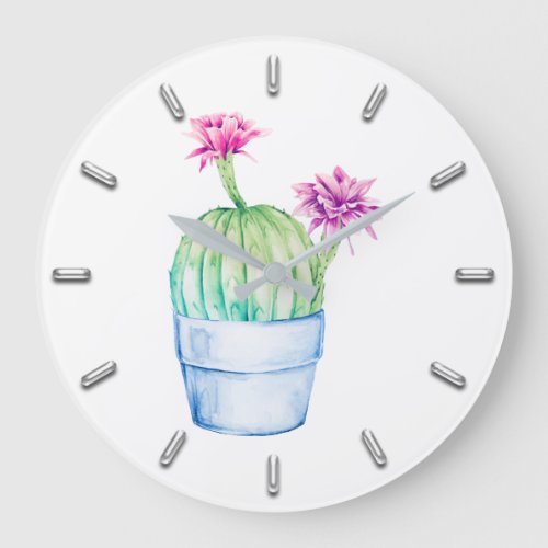 Cactus Floral Pink Tropic Watercolor Pastel White Large Clock