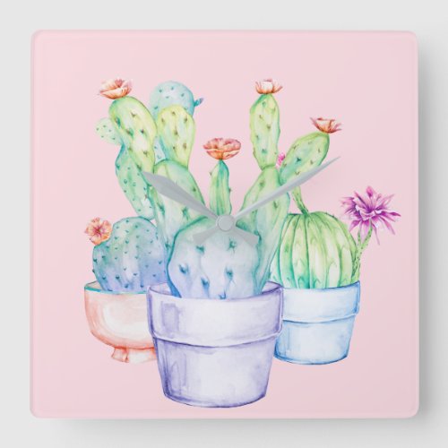 Cactus Floral Pink Tropic Watercolor Purple Blue Square Wall Clock