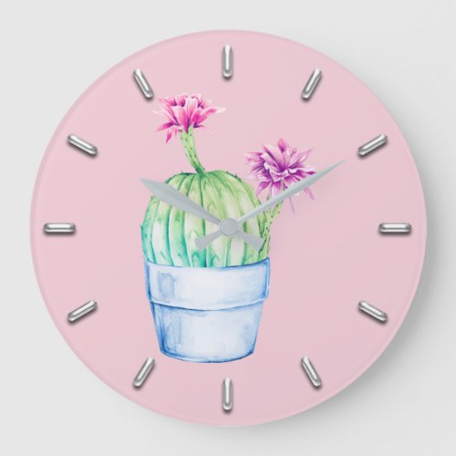 Cactus Floral Pink Tropical Watercolor Pastel Gray Large Clock