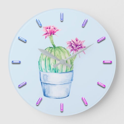 Cactus Floral Pink Watercolor Mint Blue Fuchsia Large Clock