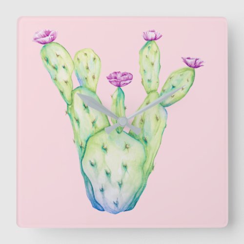 Cactus Floral Pink Watercolor Mint Pastel Fuchsia Square Wall Clock