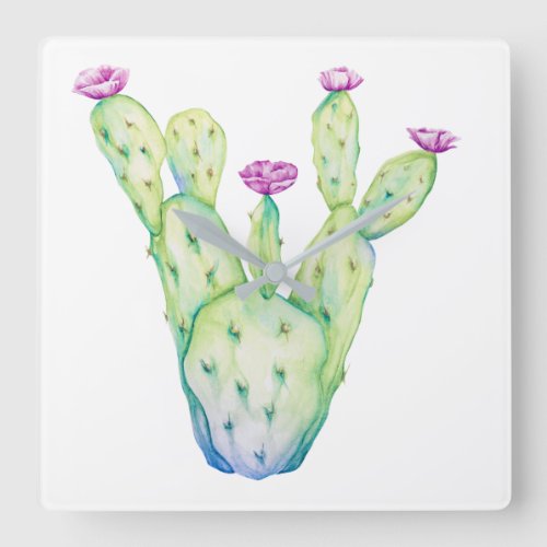 Cactus Floral Pink Watercolor Mint Pastel White Square Wall Clock