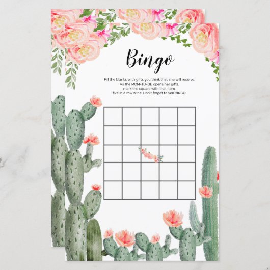 Cactus Floral Watercolor Bingo Game (Front/Back)