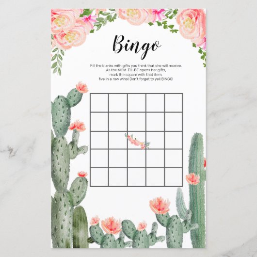 Cactus Floral Watercolor Bingo Game (Front)