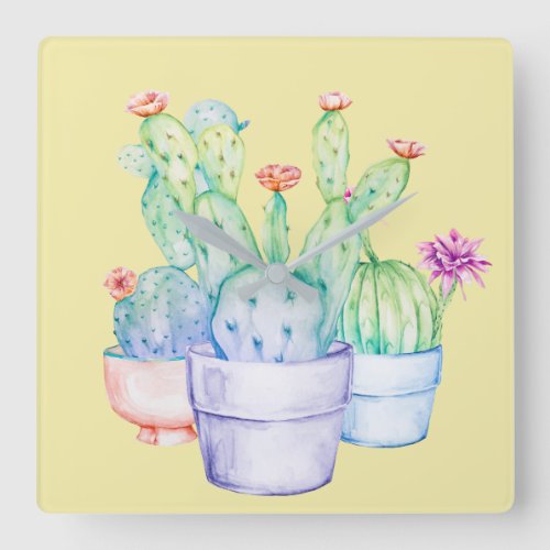 Cactus Floral Yellow Mint Blue Watercolor Lavender Square Wall Clock