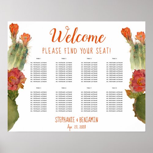 Cactus Flower 8 Table Floral Wedding Seating Chart