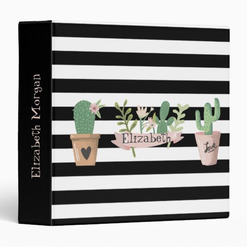 Cactus Flower Black White Stripes 3 Ring Binder