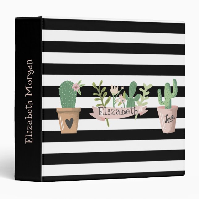 Cactus Flower Black White Stripes 3 Ring Binder (Front/Spine)