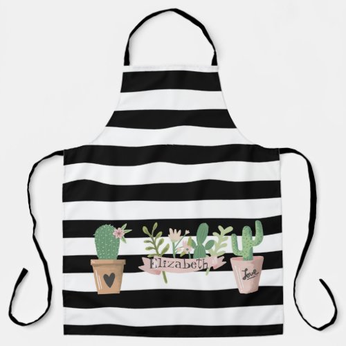 Cactus Flower Black White Stripes  Apron