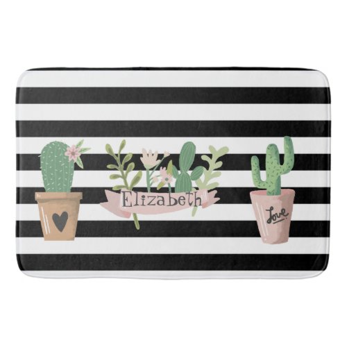 Cactus Flower Black White Stripes  Bath Mat