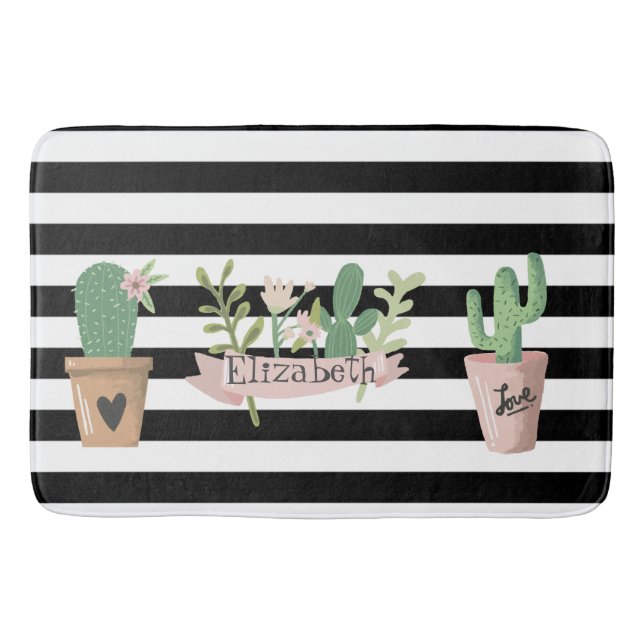 Cactus Flower Black White Stripes  Bath Mat (Front)