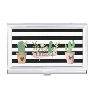 Cactus Flower Black White Stripes Business Card Case