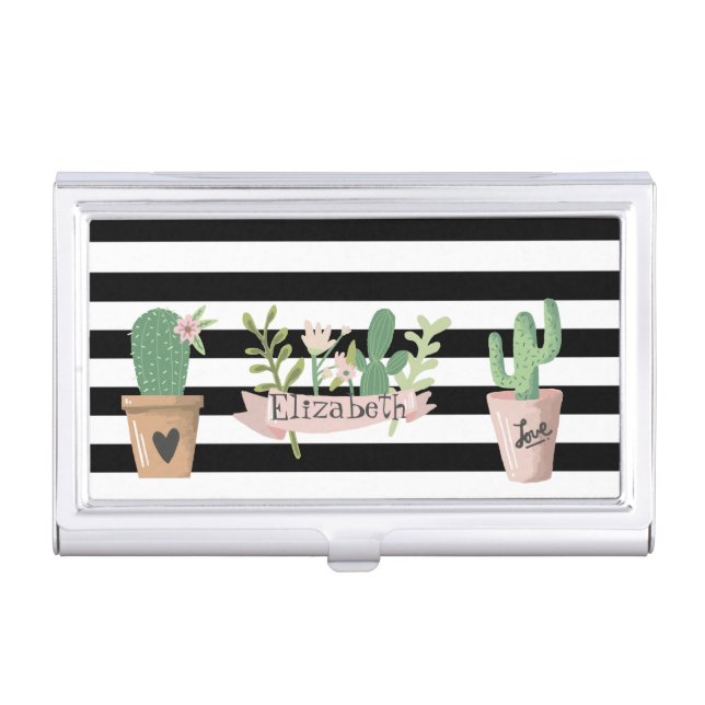 Cactus Flower Black White Stripes  Business Card Case (Front)