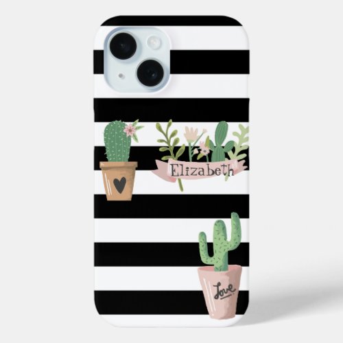 Cactus Flower Black White Stripes  iPhone 15 Case
