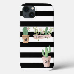 Cactus Flower Black White Stripes iPhone 13 Case