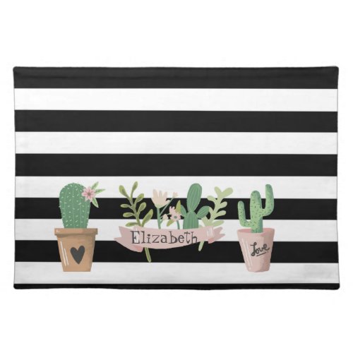 Cactus Flower Black White Stripes  Cloth Placemat