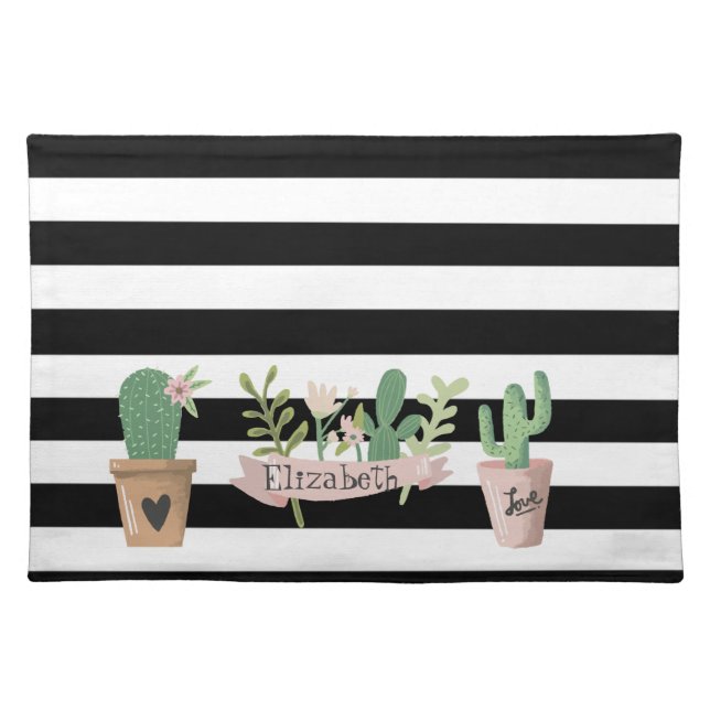 Cactus Flower Black White Stripes  Cloth Placemat (Front)
