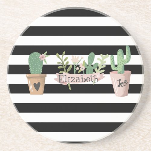 Cactus Flower Black White Stripes   Coaster