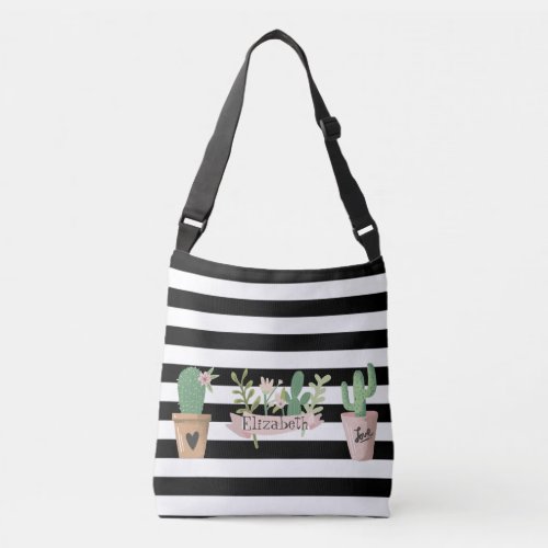 Cactus Flower Black White Stripes  Crossbody Bag