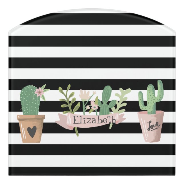 Cactus Flower Black White Stripes   Door Sign (Contour Front)