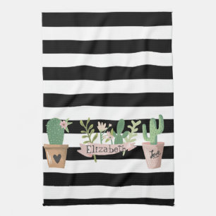 Cactus Flower Black White Stripes Kitchen Towel