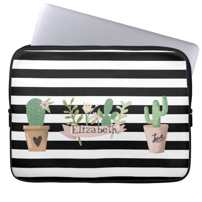 Cactus Flower Black White Stripes Laptop Sleeve (Front)