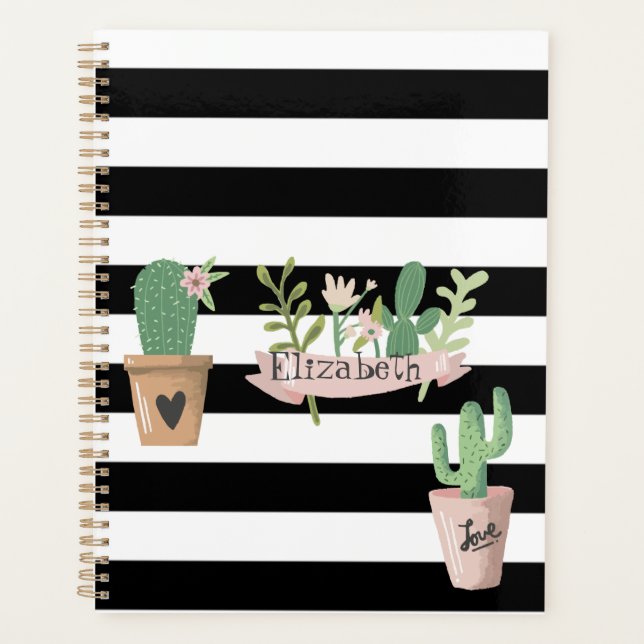 Cactus Flower Black White Stripes Planner (Front)