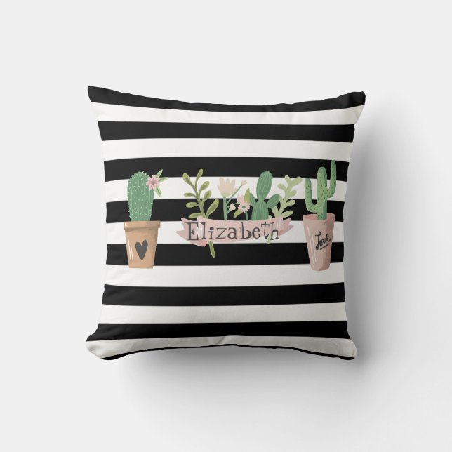 Cactus Flower Black White Stripes   Throw Pillow (Front)