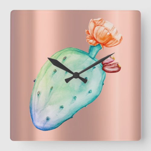 Cactus Flower Rose Gold Copper Blush Watercolor Square Wall Clock