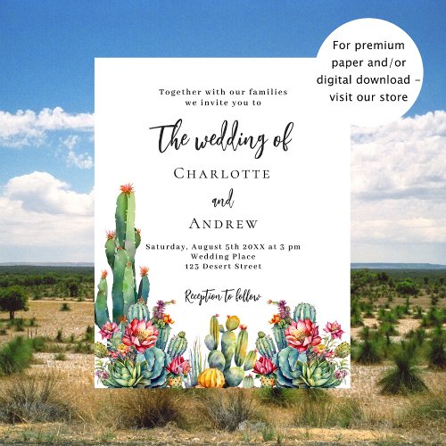 Cactus flowers budget wedding invitation flyer
