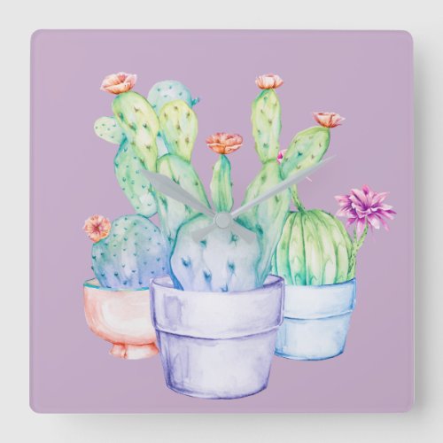 Cactus Flowers Coral Mint Blue Watercolor Lavender Square Wall Clock
