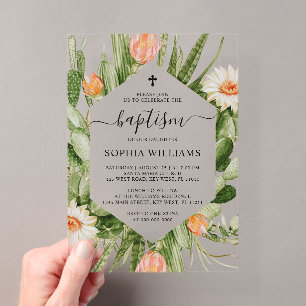 Cactus Flowers Frame Baptism Acrylic Invitations