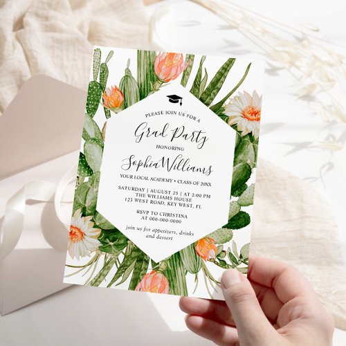 Cactus Flowers Frame Graduation Party Invitation