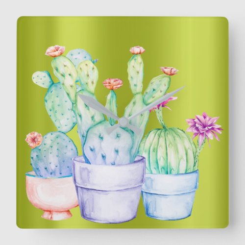 Cactus Flowers Mint Pink Lime Coral Painting Square Wall Clock