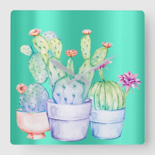 Cactus Flowers Mint Pink Peach Coral Painting Square Wall Clock