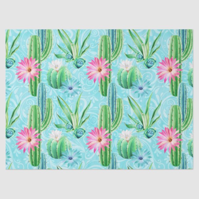Cactus flowers pink blue green succulent tissue paper (Front)