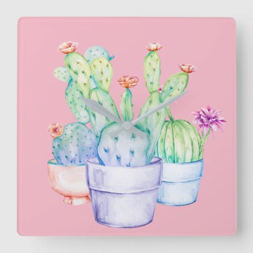 Cactus Flowers Pink Mint Blue Watercolor Lavender Square Wall Clock