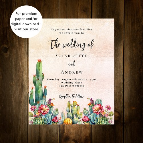 Cactus flowers rose gold budget wedding invitation