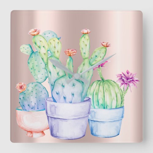 Cactus Flowers Rose Gold Copper Blush Painting Square Wall Clock