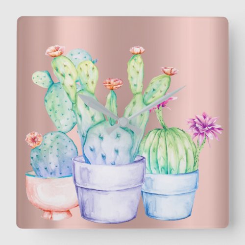 Cactus Flowers Rose Gold Peach Blush Painting Square Wall Clock