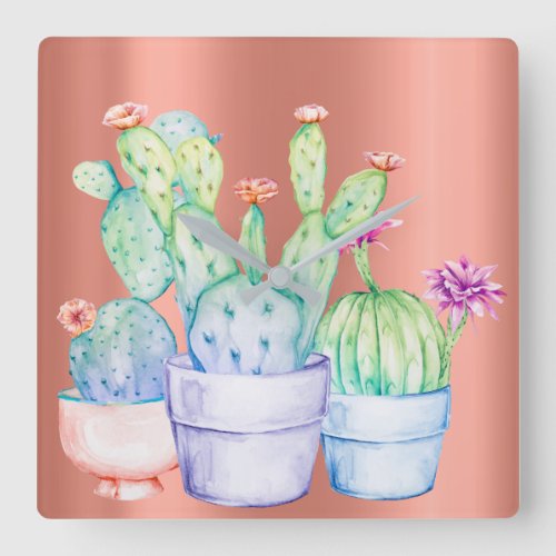 Cactus Flowers Rose Gold Peach Coral Painting Square Wall Clock