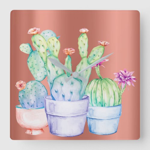 Cactus Flowers Rose Gold Peach Coral Watercolor Square Wall Clock