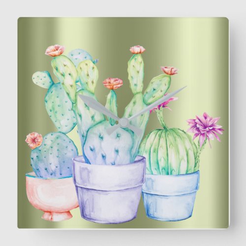 Cactus Flowers Rose Gold Peach Mint Green Painting Square Wall Clock