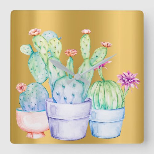 Cactus Flowers Rose Gold Pink Coral Watercolor Square Wall Clock